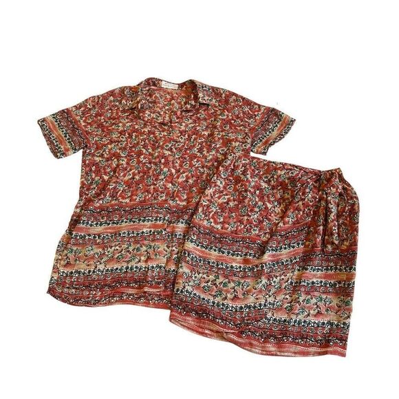 Apriori Floral Flowy Button Down Short Sleeve And Matching Skirt Set Boho Size 8 - Picture 1 of 11
